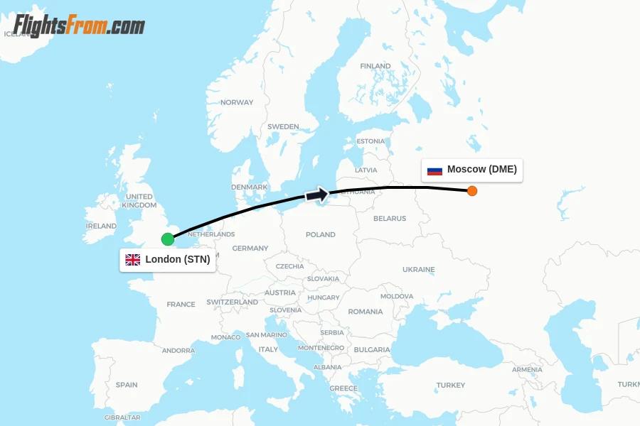 Flights from London to Moscow route map