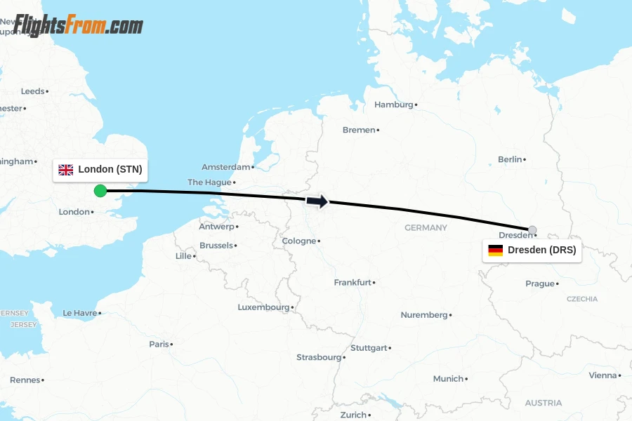 Flights from London to Dresden route map