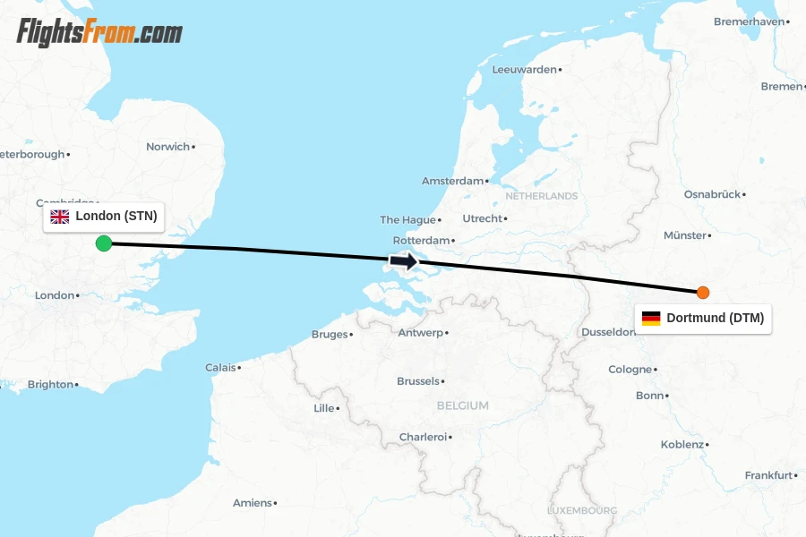 Flights from London to Dortmund route map