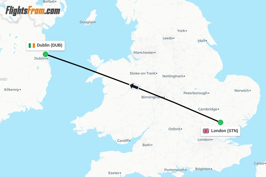 Flights from London to Dublin route map