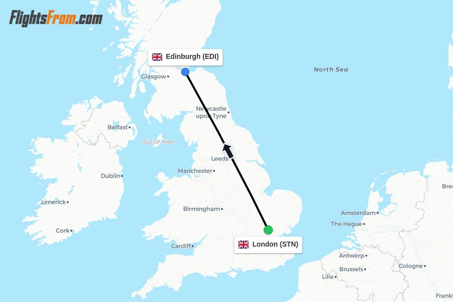 Flights from London to Edinburgh route map
