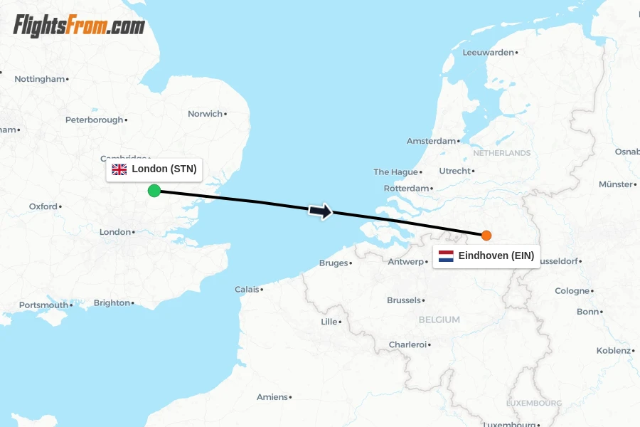 Flights from London to Eindhoven route map