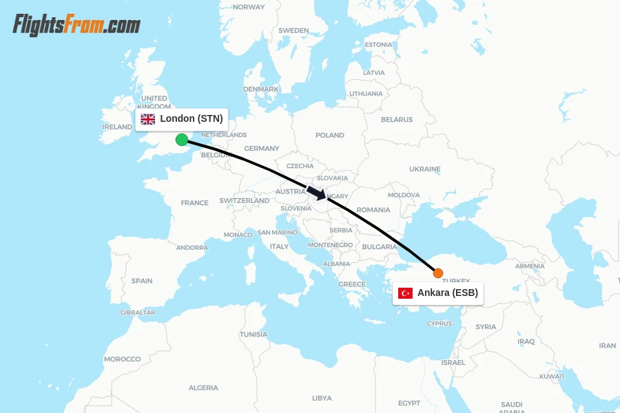 Flights from London to Ankara route map