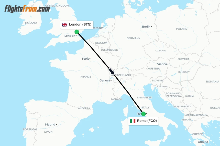 Flights from London to Rome route map