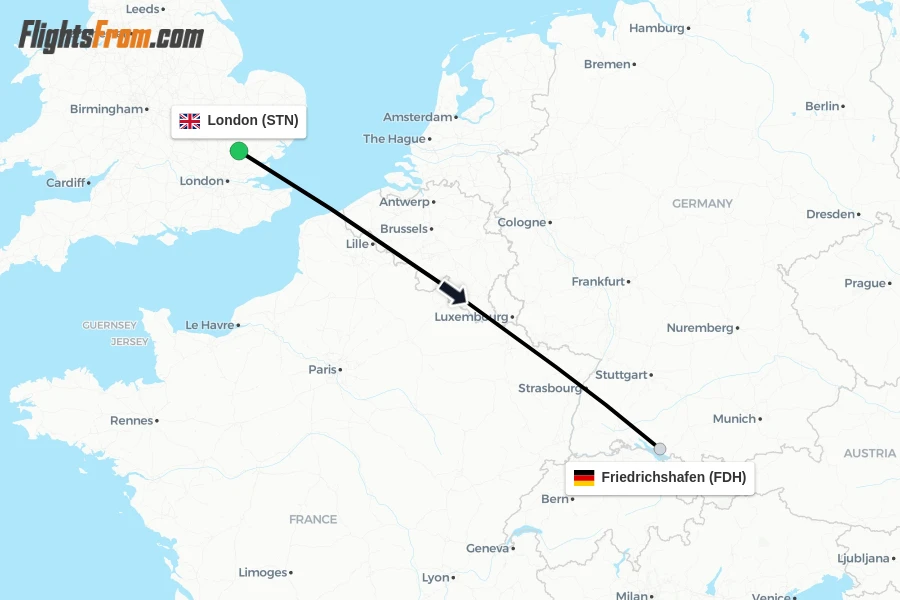 Flights from London to Friedrichshafen route map