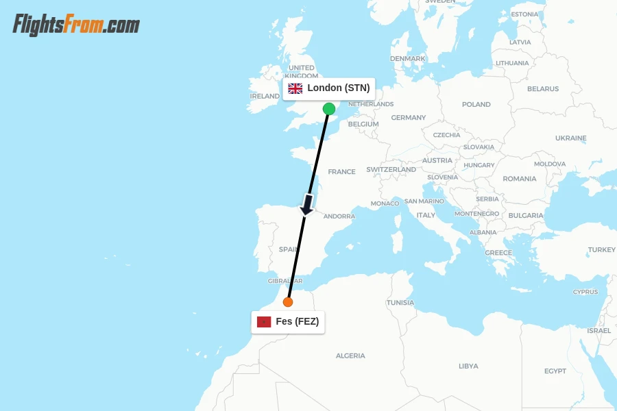 Flights from London to Fes route map