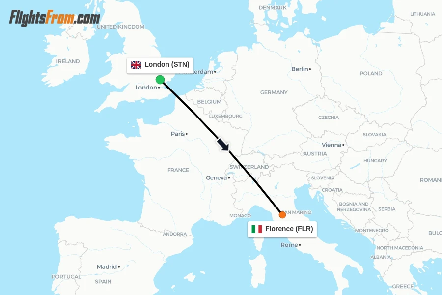 Flights from London to Florence route map