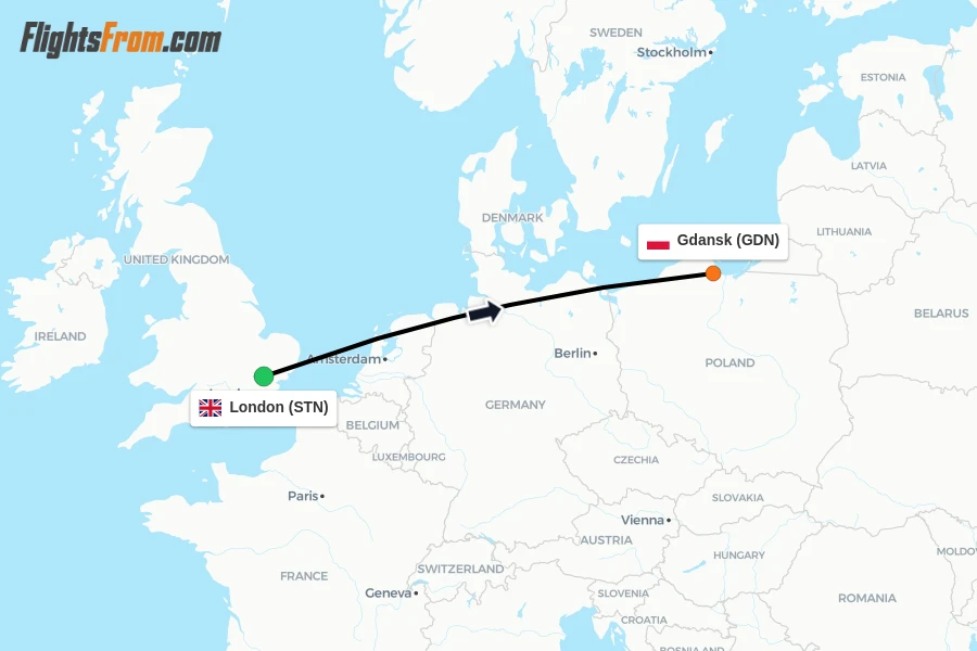 Flights from London to Gdansk route map