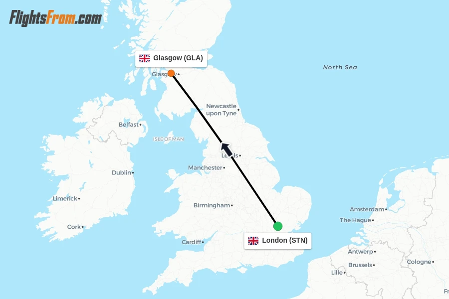 Flights from London to Glasgow route map
