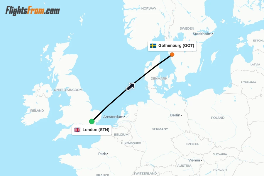 Flights from London to Gothenburg route map