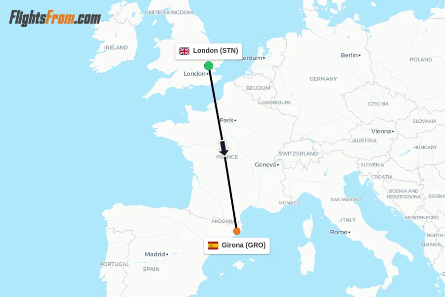 Flights from London to Girona route map
