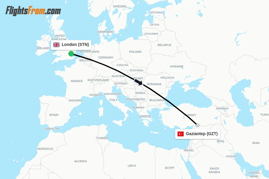 Flights from London to Gaziantep route map
