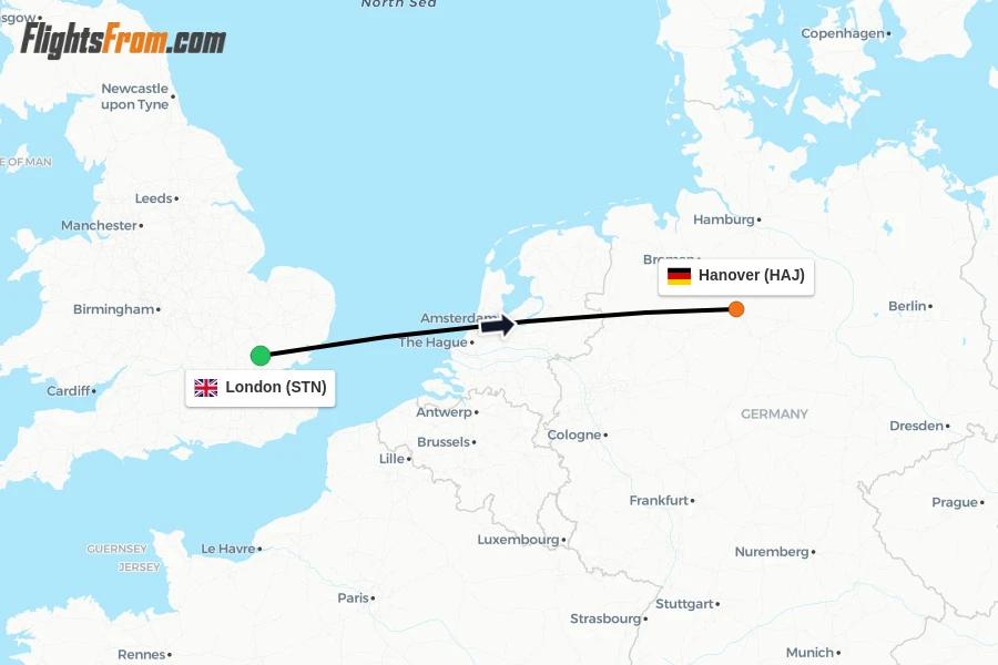 Flights from London to Hanover route map