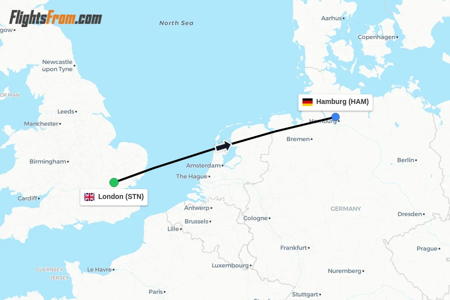 Flights from London to Hamburg route map