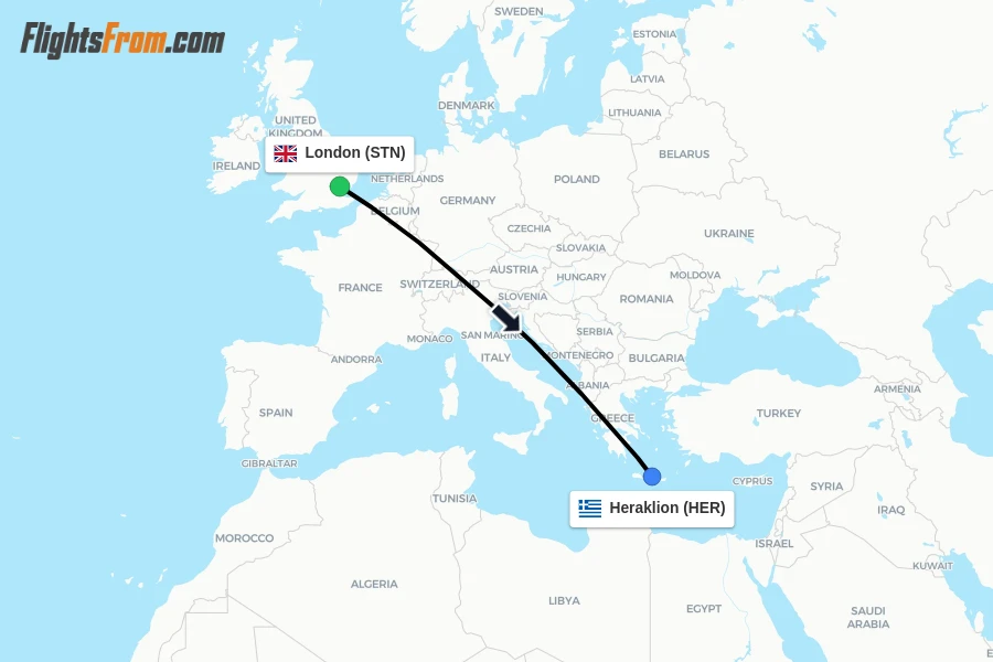 Flights from London to Heraklion route map