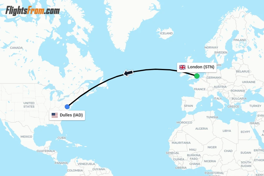 Flights from London to Dulles route map
