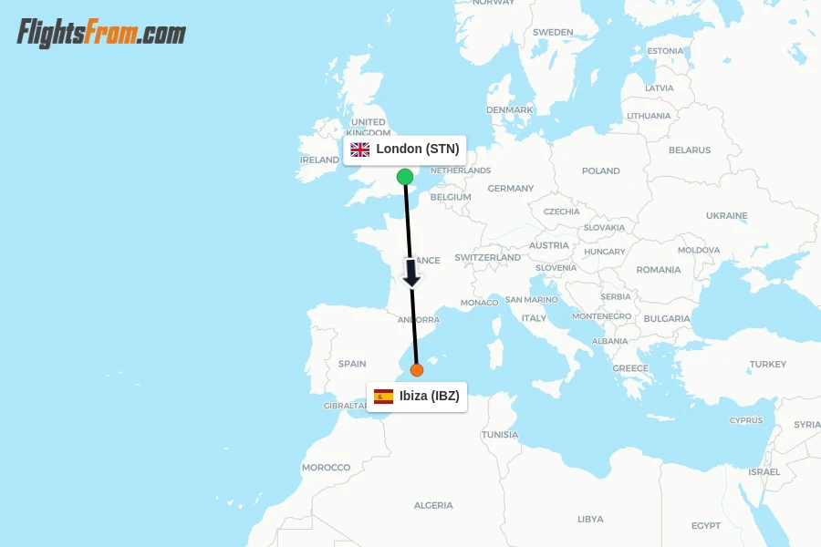 Flights from London to Ibiza route map