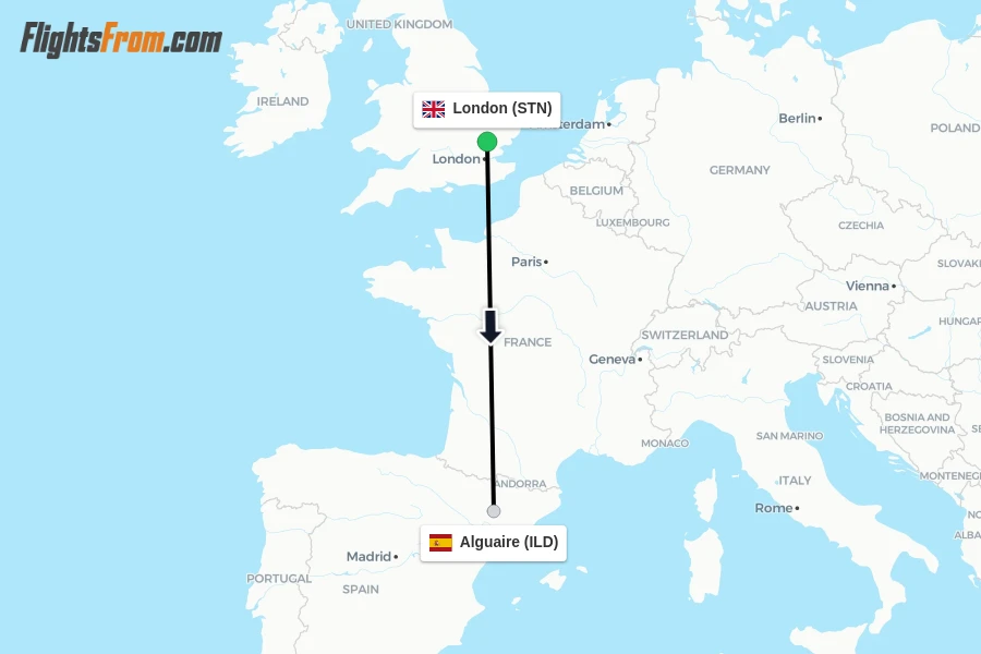 Flights from London to Alguaire route map