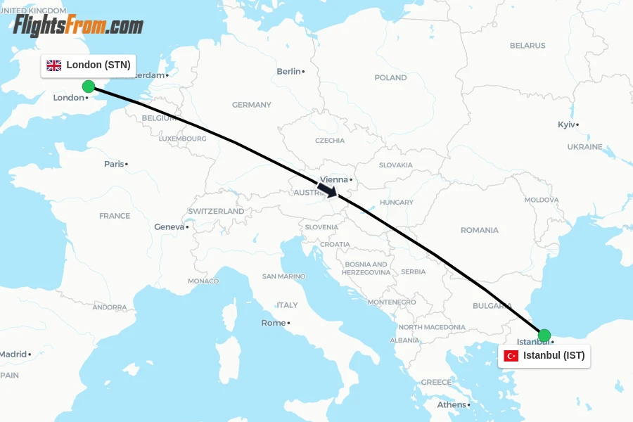 Flights from London to Istanbul route map