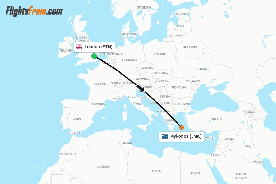 Flights from London to Mykonos route map