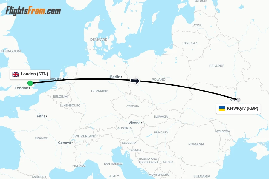 Flights from London to Kiev/Kyiv route map