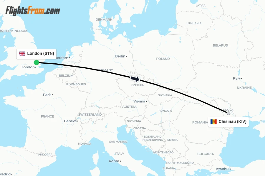 Flights from London to Chisinau route map