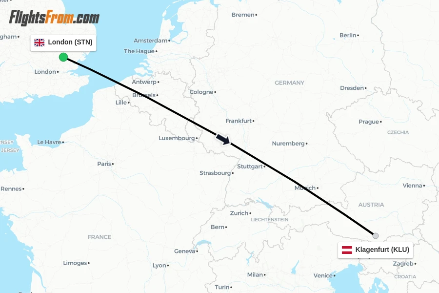 Flights from London to Klagenfurt route map
