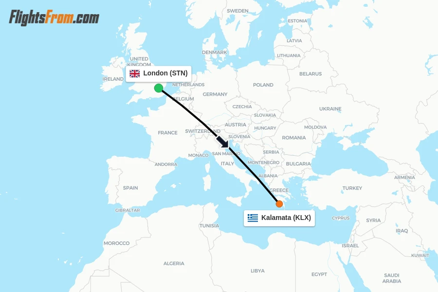 Flights from London to Kalamata route map