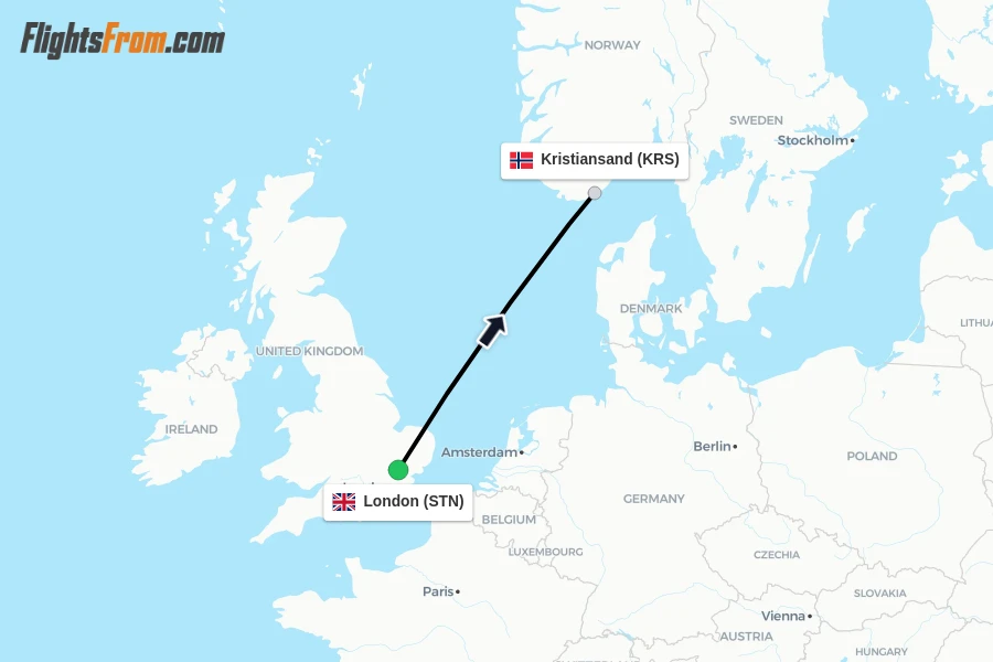 Flights from London to Kristiansand route map