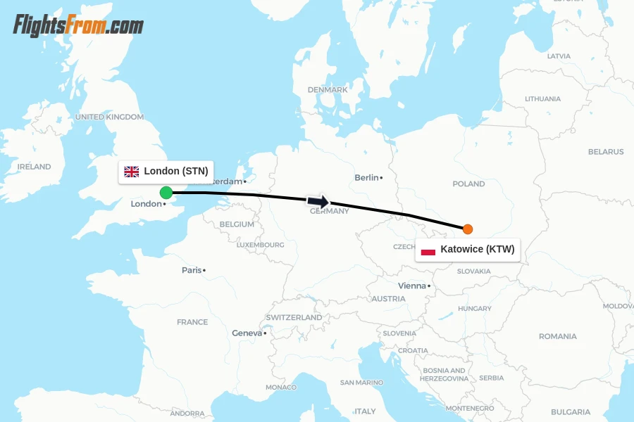 Flights from London to Katowice route map