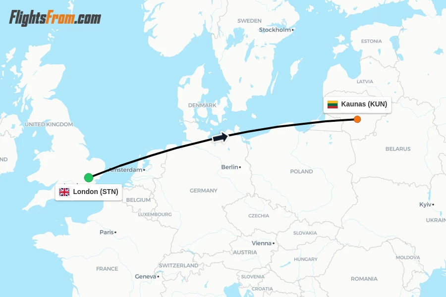 Flights from London to Kaunas route map