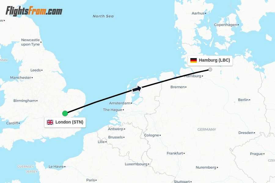 Flights from London to Hamburg route map