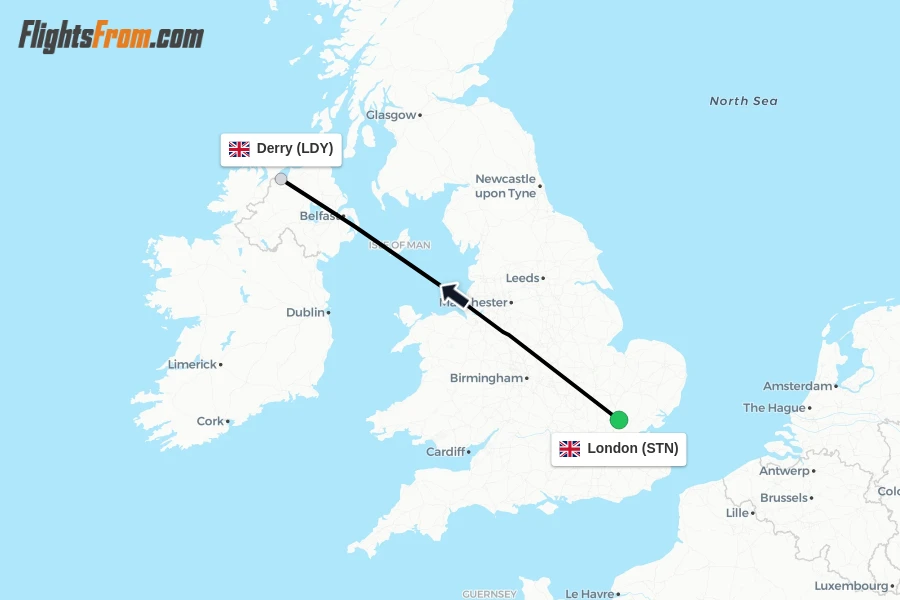 Flights from London to Derry route map