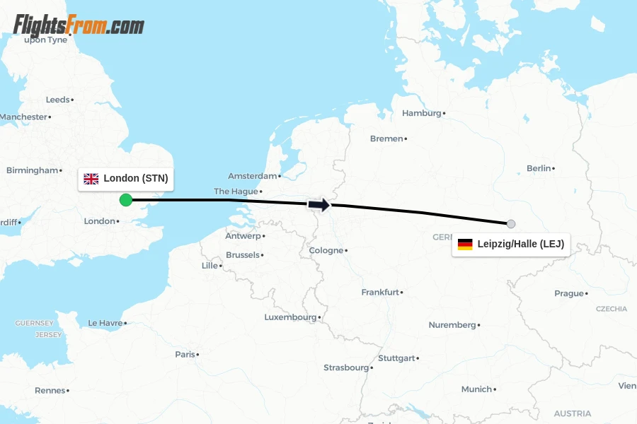 Flights from London to Leipzig/Halle route map