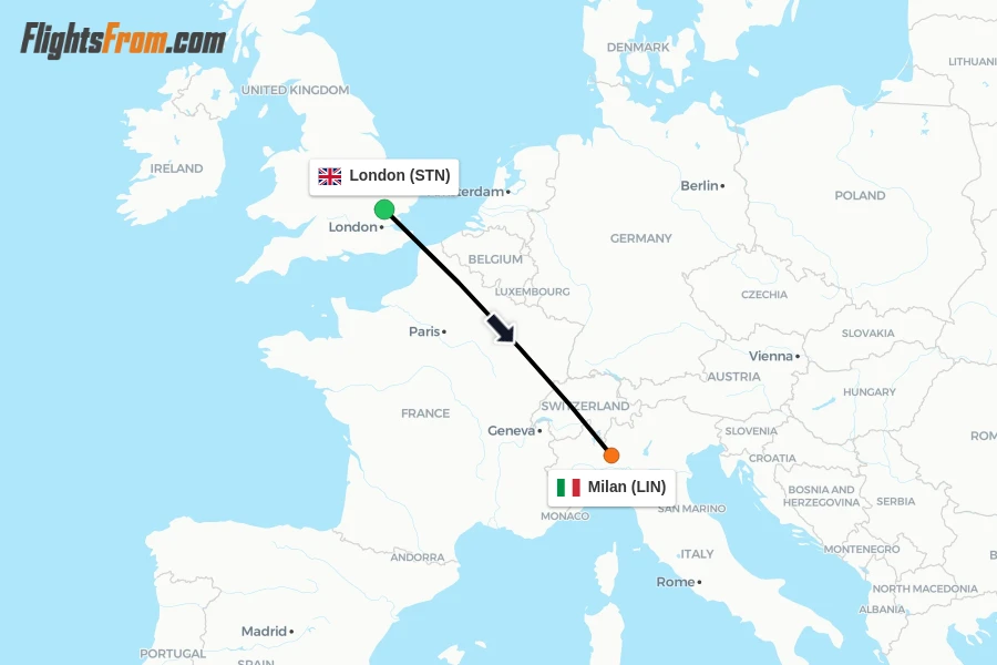 Flights from London to Milan route map