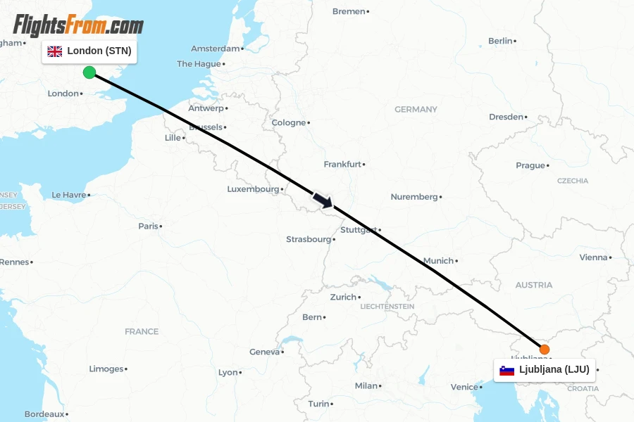 Flights from London to Ljubljana route map