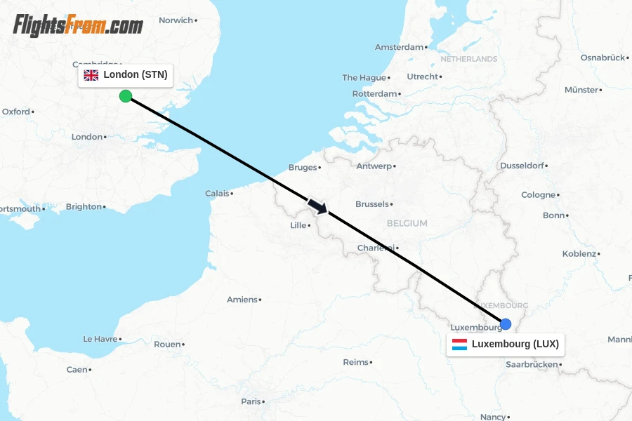 Flights from London to Luxembourg route map
