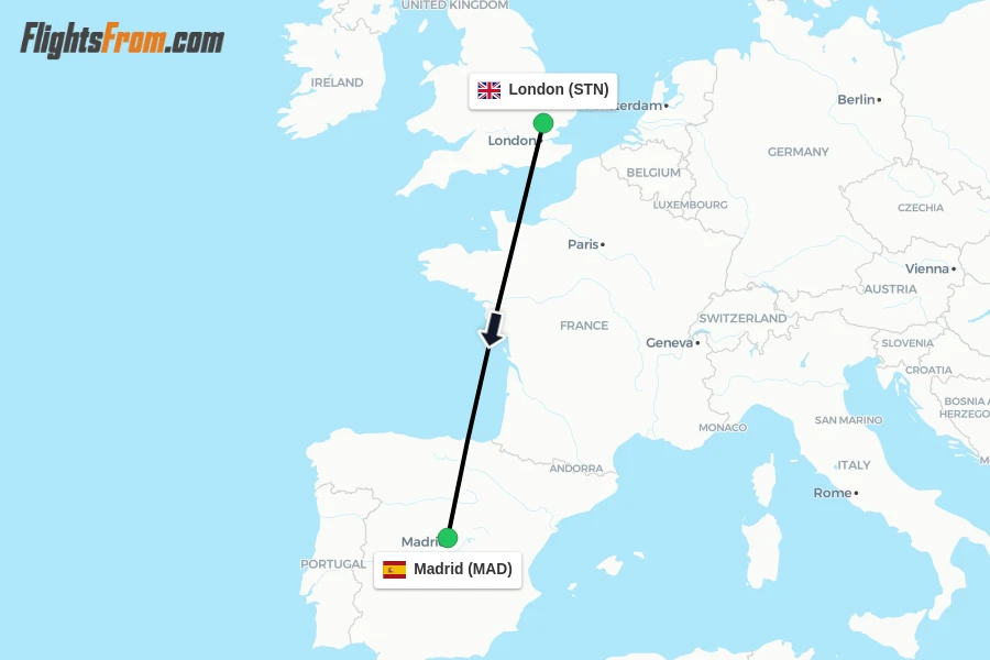 Flights from London to Madrid route map