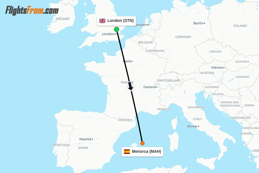 Flights from London to Menorca route map