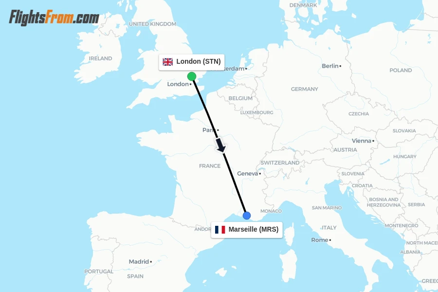 Flights from London to Marseille route map