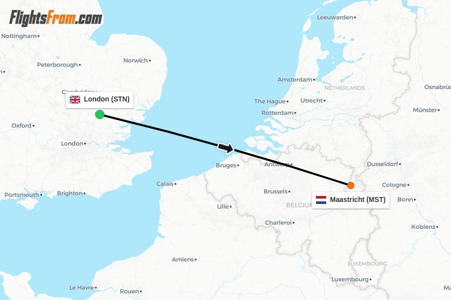 Flights from London to Maastricht route map