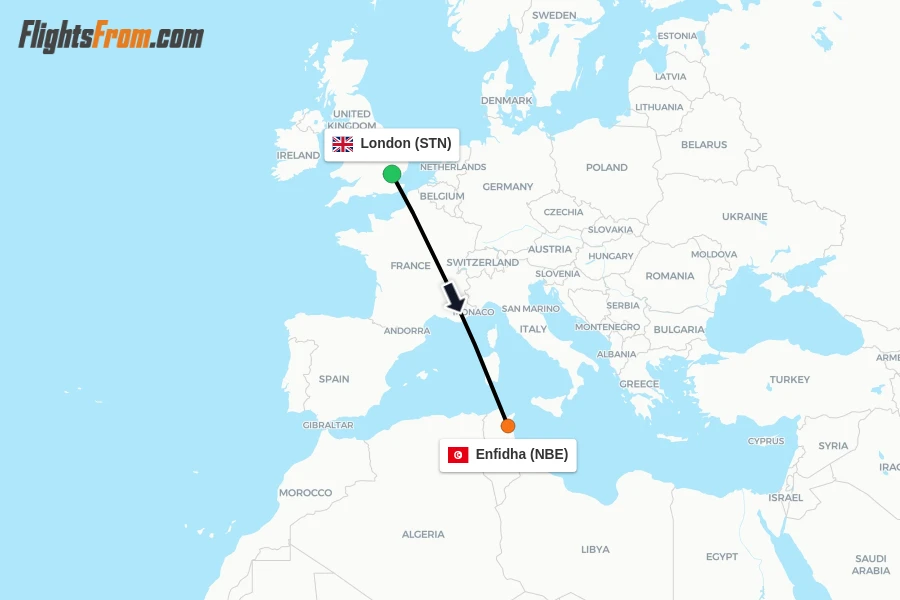 Flights from London to Enfidha route map