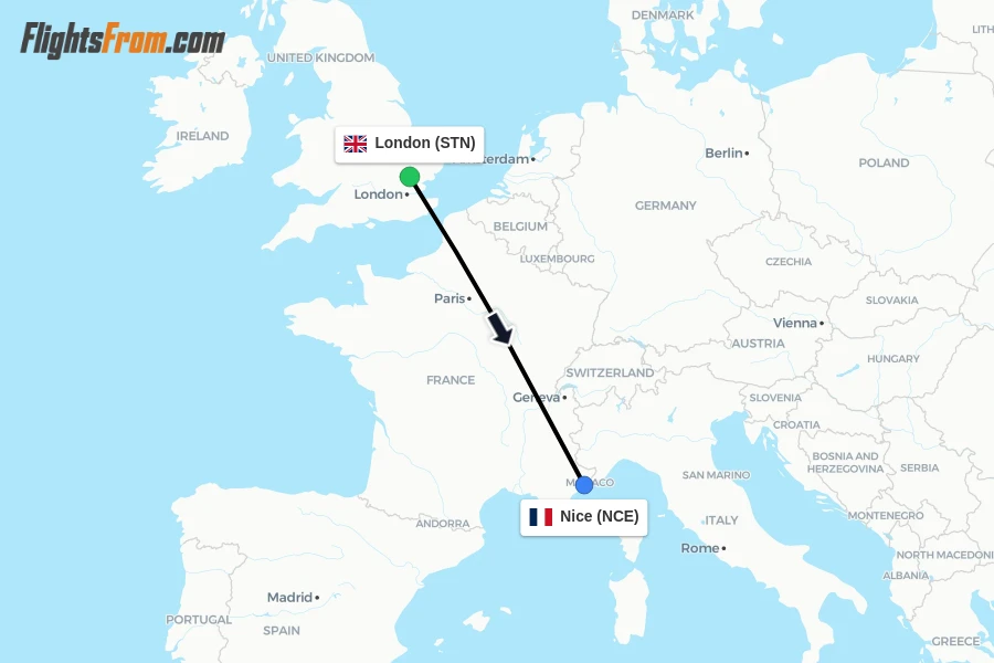Flights from London to Nice route map
