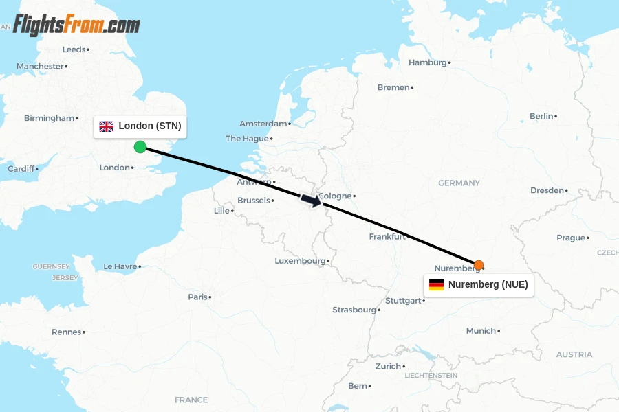 Flights from London to Nuremberg route map