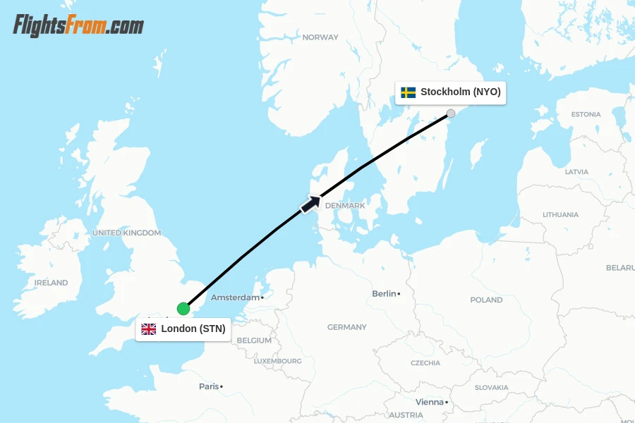 Flights from London to Stockholm route map
