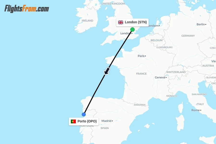 Flights from London to Porto route map