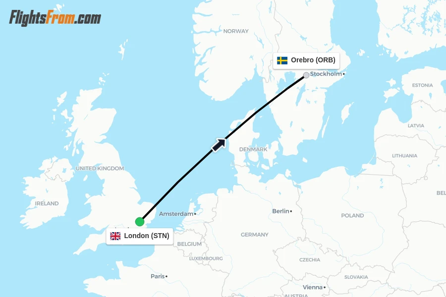 Flights from London to Orebro route map