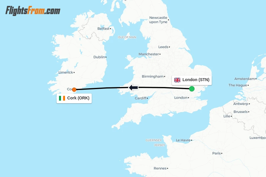 Flights from London to Cork route map