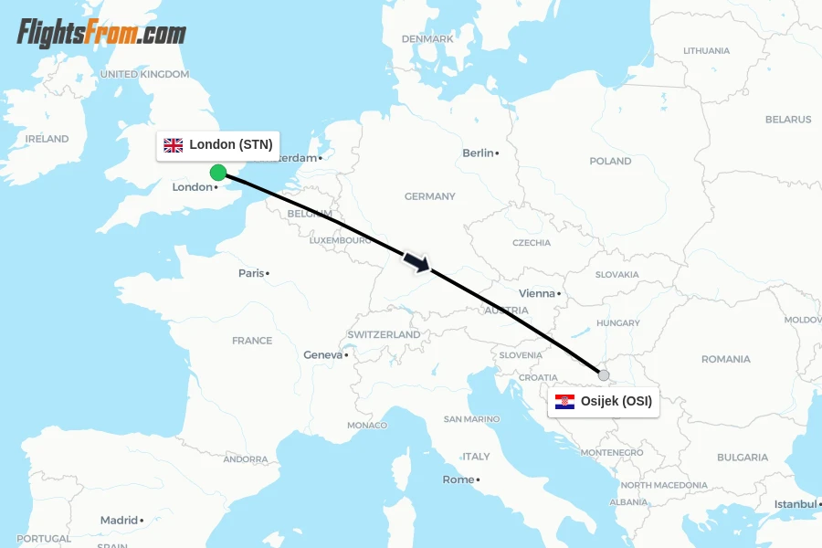 Flights from London to Osijek route map