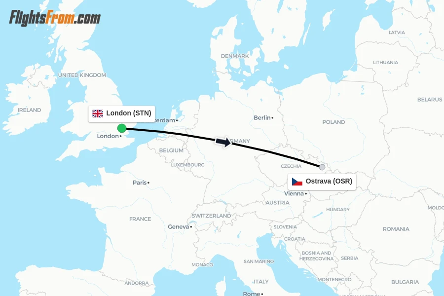 Flights from London to Ostrava route map